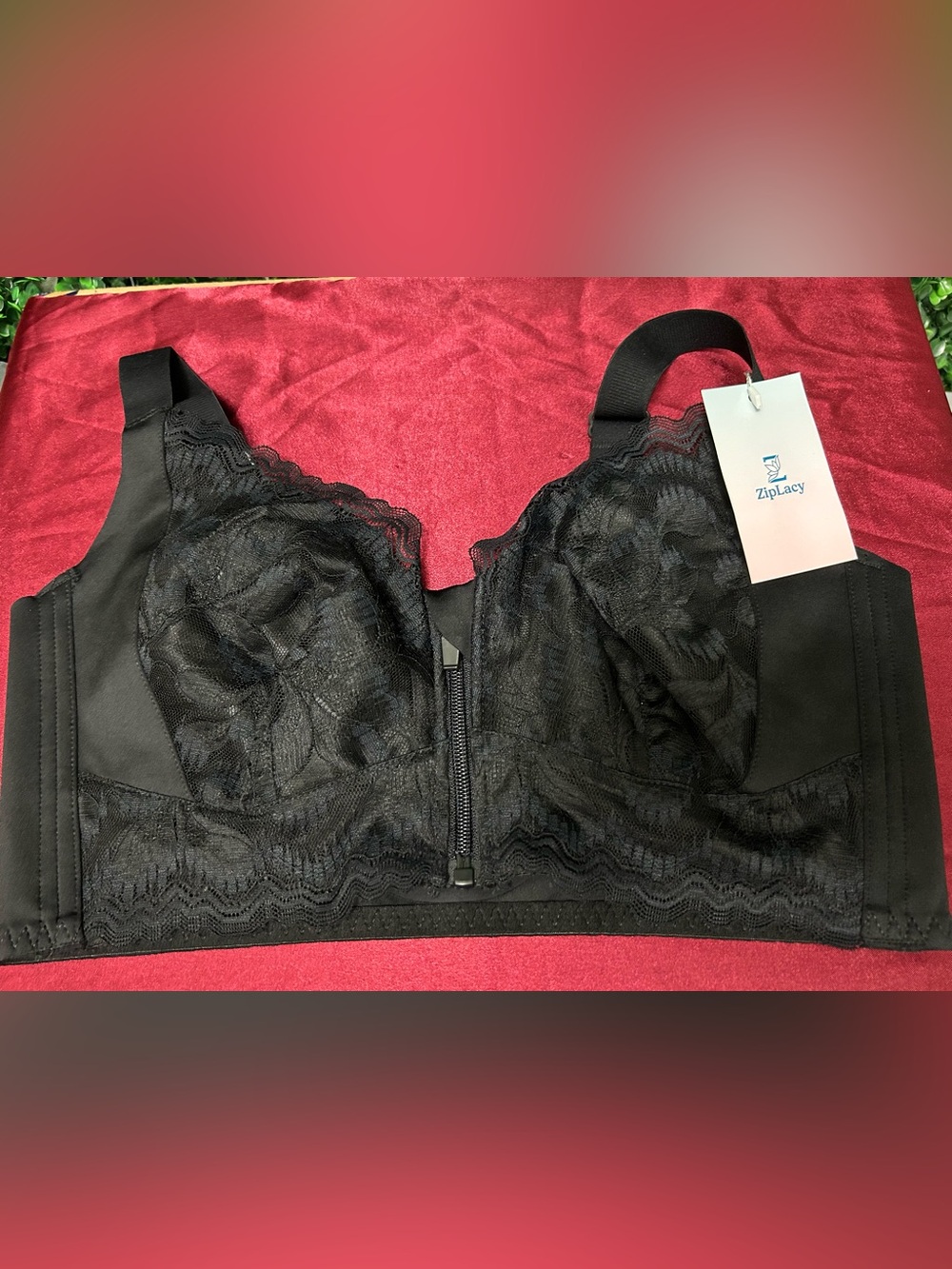 ZipLacy Front Zip Lace Bra XL Wireless Push Up Bralette Black NEW